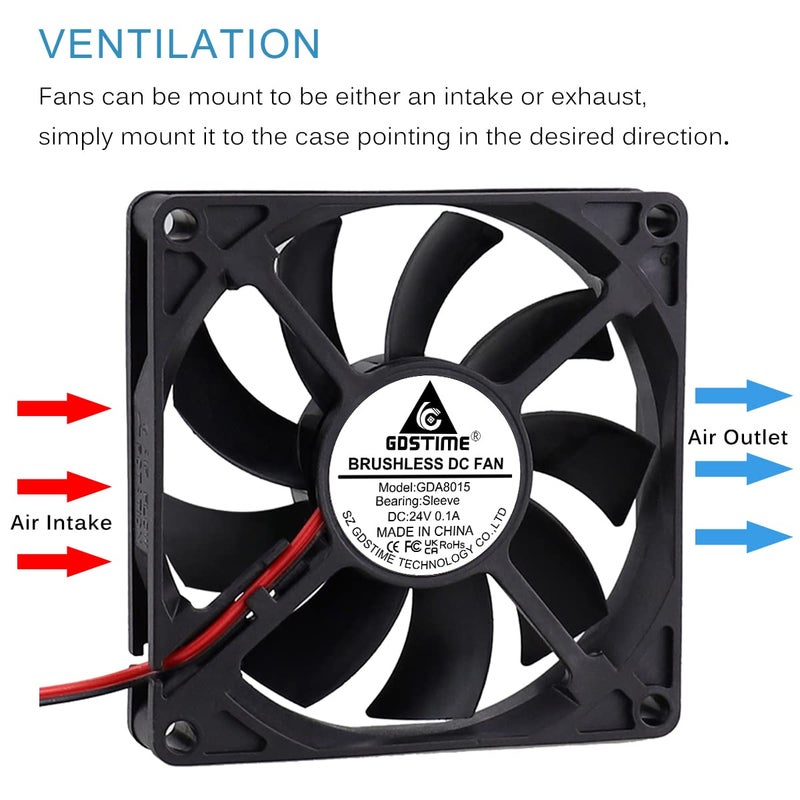GDSTIME 80mm Fan, 80mm x 80mm x 15mm 24V DC Brushless Cooling Fan Sleeve Bearing - Image 3